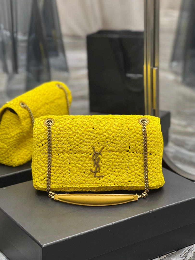 YSL 515821 Jamie Leather-Trimmed Raffia Shoulder Bag Yellow