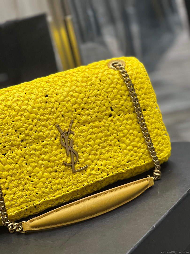 YSL 515821 Jamie Leather-Trimmed Raffia Shoulder Bag Yellow