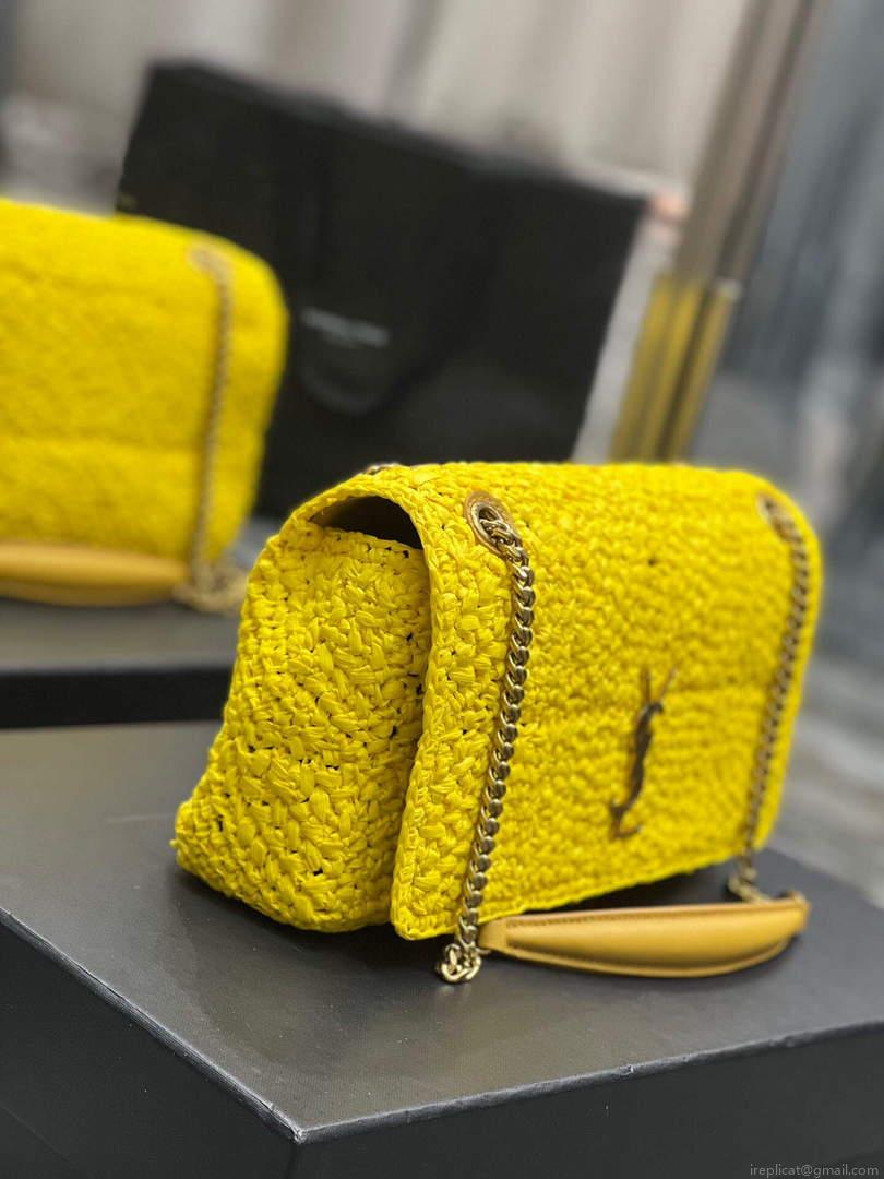 YSL 515821 Jamie Leather-Trimmed Raffia Shoulder Bag Yellow
