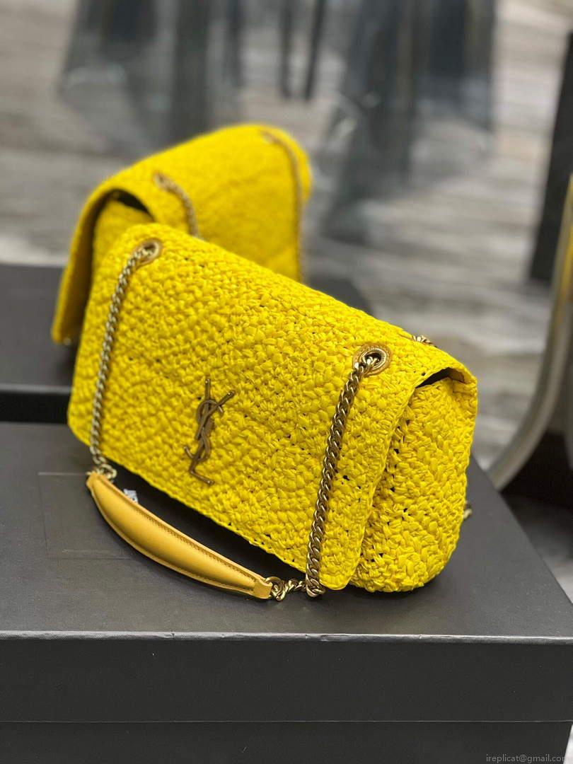 YSL 515821 Jamie Leather-Trimmed Raffia Shoulder Bag Yellow