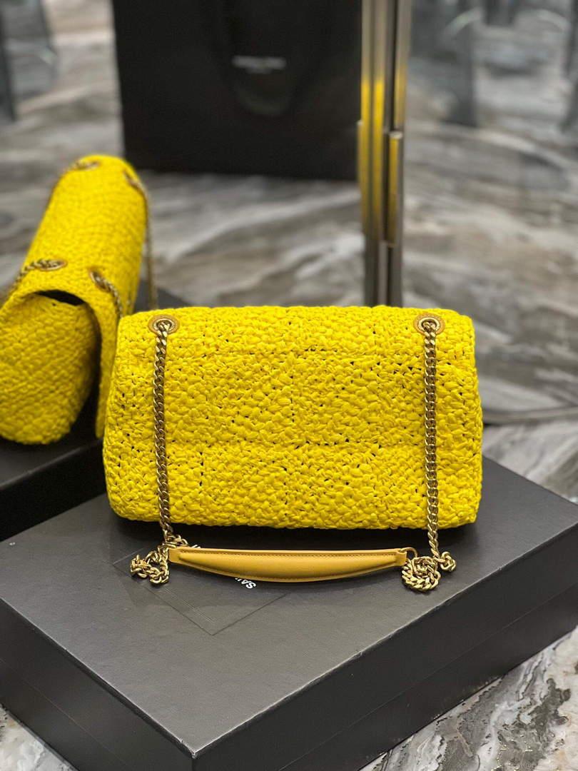 YSL 515821 Jamie Leather-Trimmed Raffia Shoulder Bag Yellow