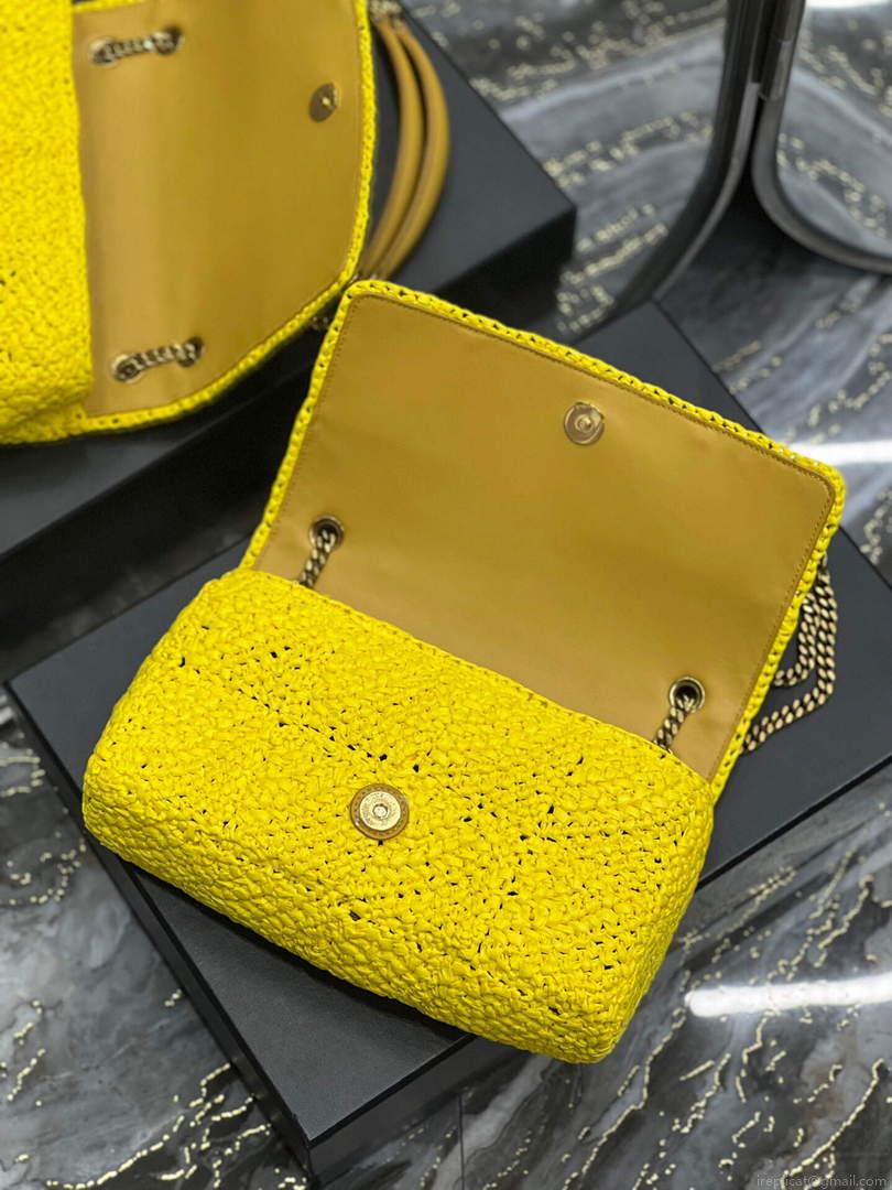 YSL 515821 Jamie Leather-Trimmed Raffia Shoulder Bag Yellow