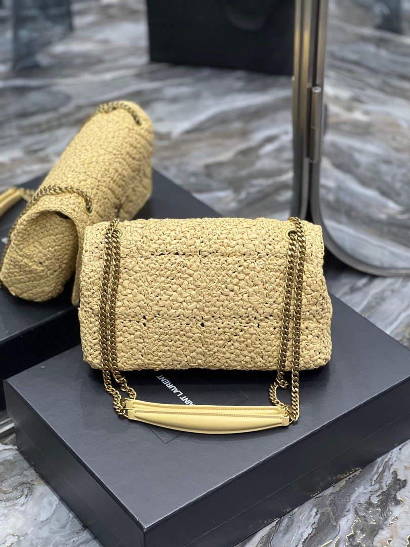 YSL 515821 Jamie Leather-Trimmed Raffia Shoulder Bag Apricot