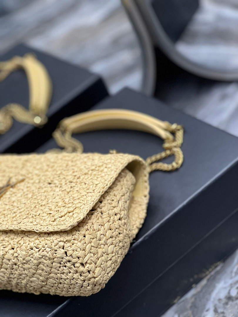 YSL 515821 Jamie Leather-Trimmed Raffia Shoulder Bag Apricot