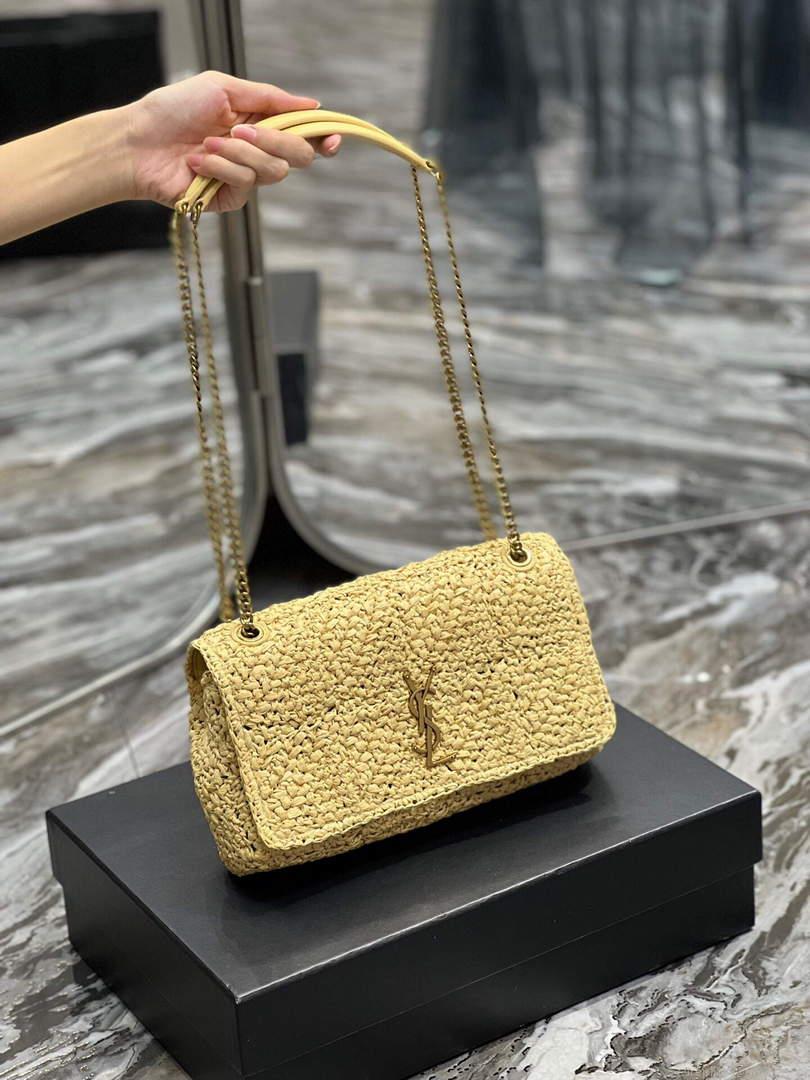 YSL 515821 Jamie Leather-Trimmed Raffia Shoulder Bag Apricot