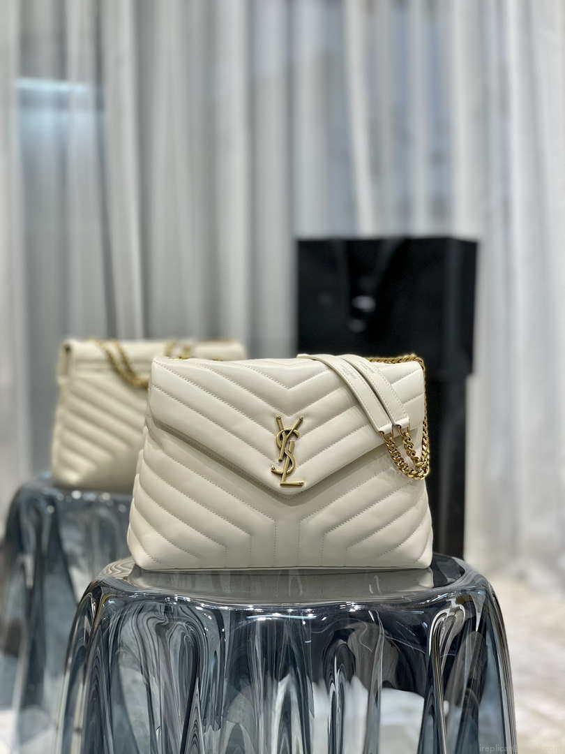 YSL 487216 Saint Laurent Loulou Medium Bag In Y-Quilted Leather 574946 White Gold