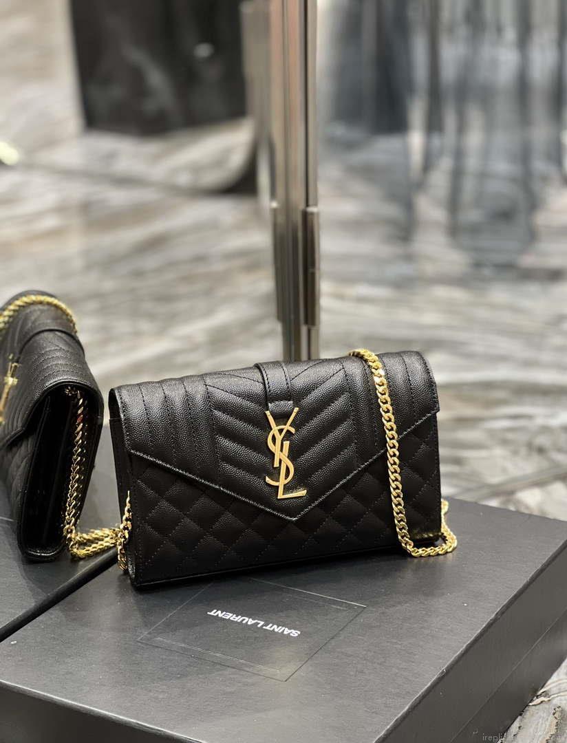 YSL 620280 Envelope Chain Wallet In Mix Matelassé Grain De Poudre Embossed Leather Black