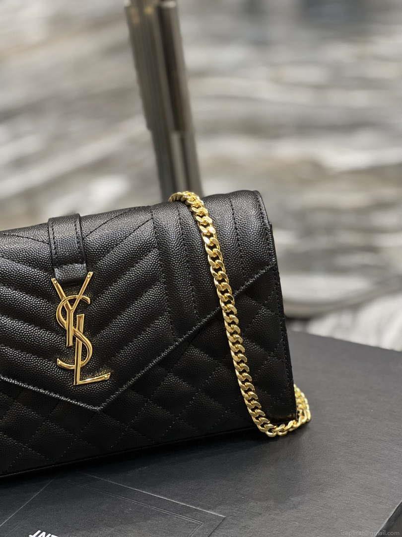 YSL 620280 Envelope Chain Wallet In Mix Matelassé Grain De Poudre Embossed Leather Black