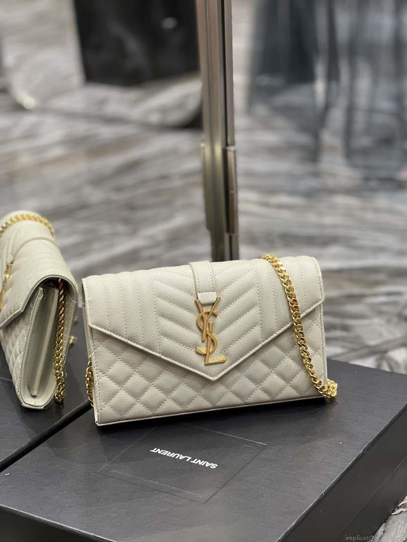 YSL 620280 Envelope Chain Wallet In Mix Matelassé Grain De Poudre Embossed Leather Beige