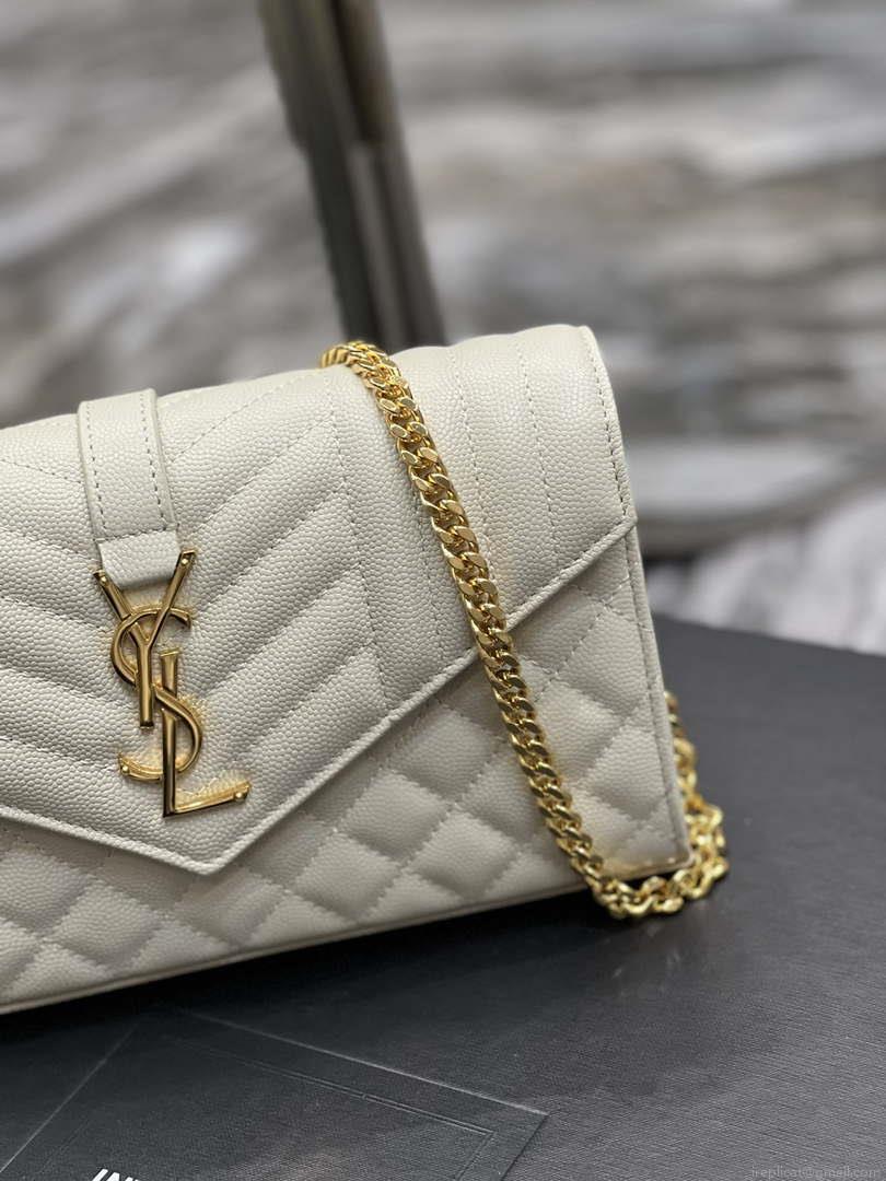 YSL 620280 Envelope Chain Wallet In Mix Matelassé Grain De Poudre Embossed Leather Beige