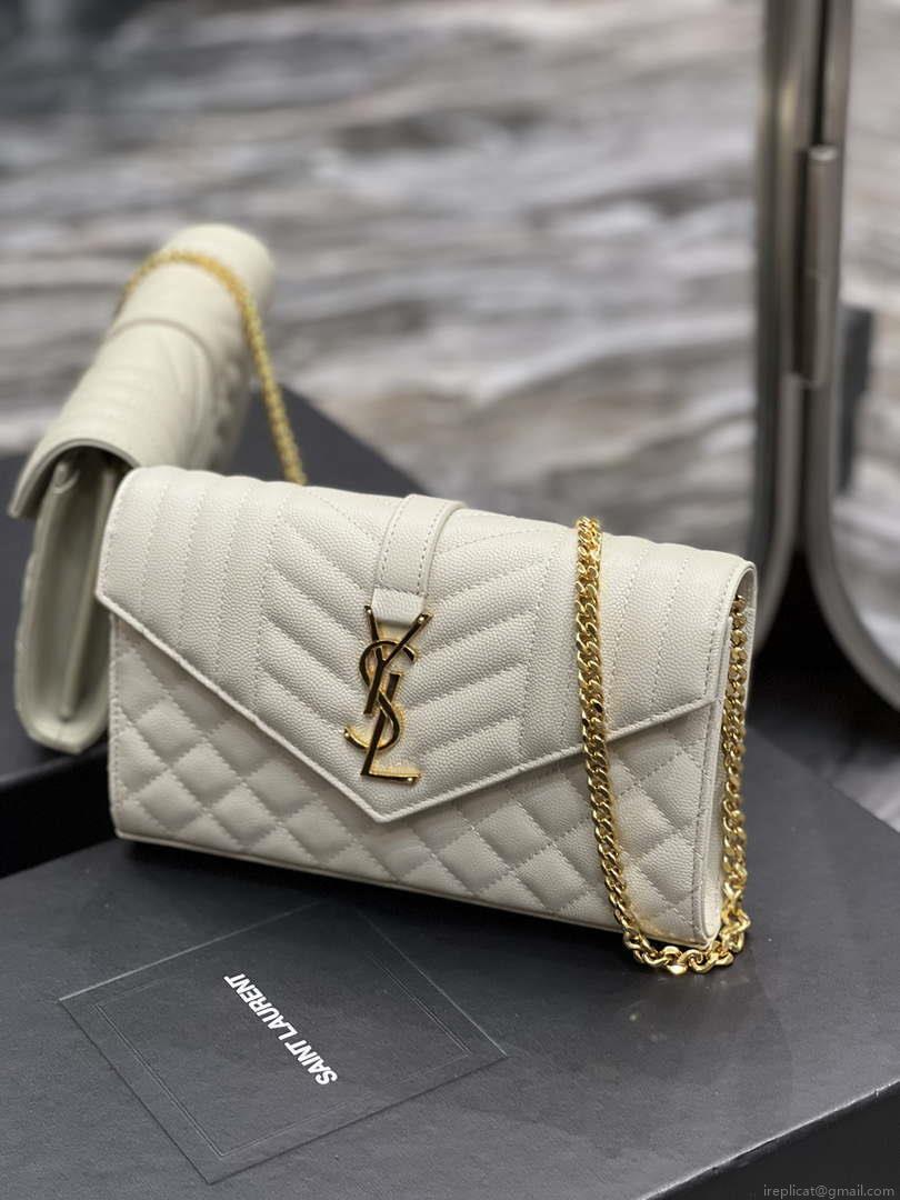 YSL 620280 Envelope Chain Wallet In Mix Matelassé Grain De Poudre Embossed Leather Beige