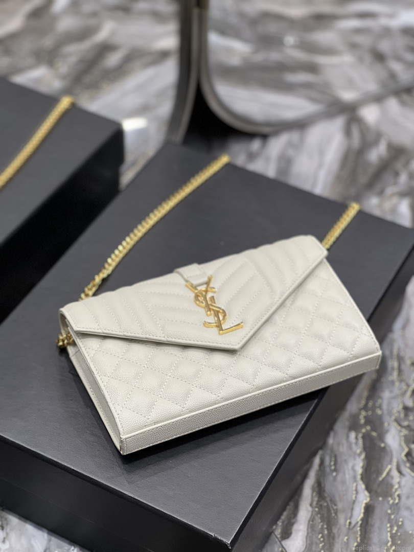 YSL 620280 Envelope Chain Wallet In Mix Matelassé Grain De Poudre Embossed Leather Beige