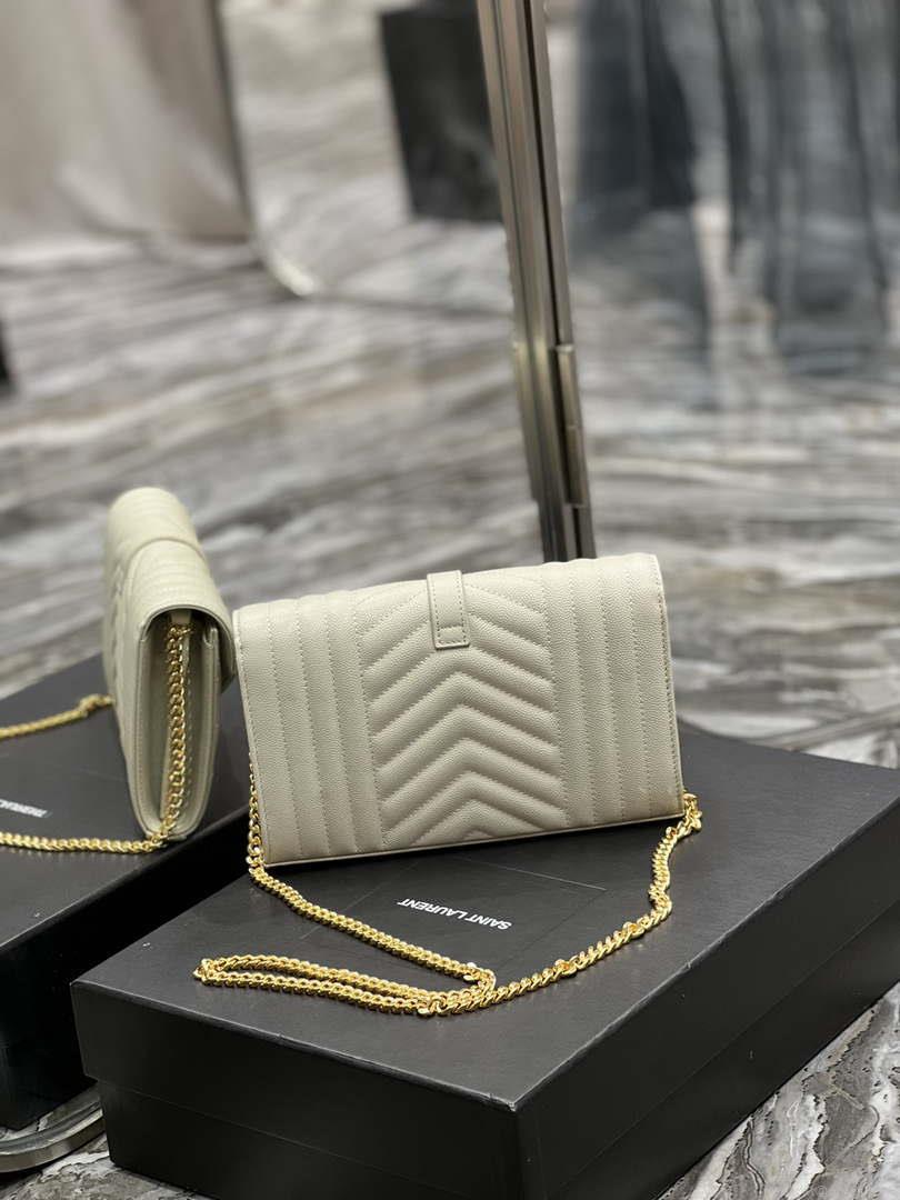 YSL 620280 Envelope Chain Wallet In Mix Matelassé Grain De Poudre Embossed Leather Beige