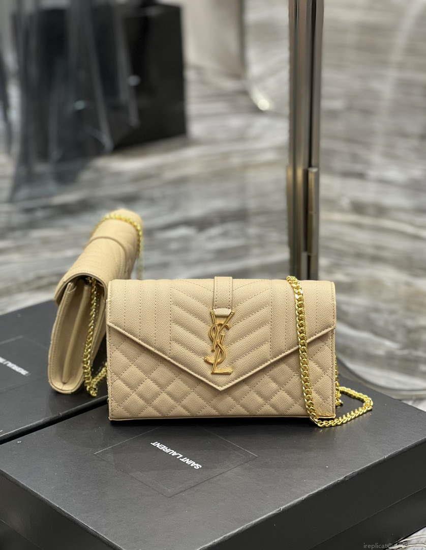 YSL 620280 Envelope Chain Wallet In Mix Matelassé Grain De Poudre Embossed Leather Apricot