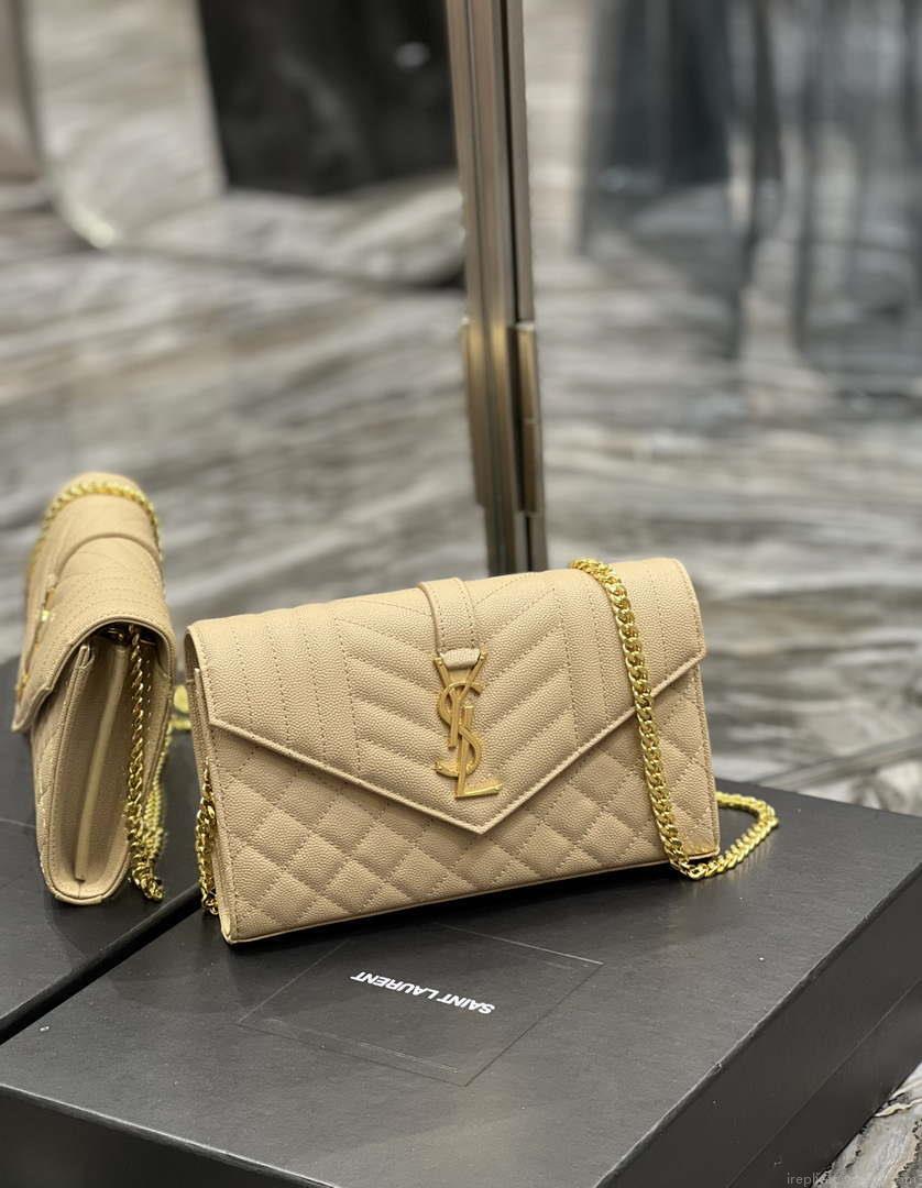 YSL 620280 Envelope Chain Wallet In Mix Matelassé Grain De Poudre Embossed Leather Apricot