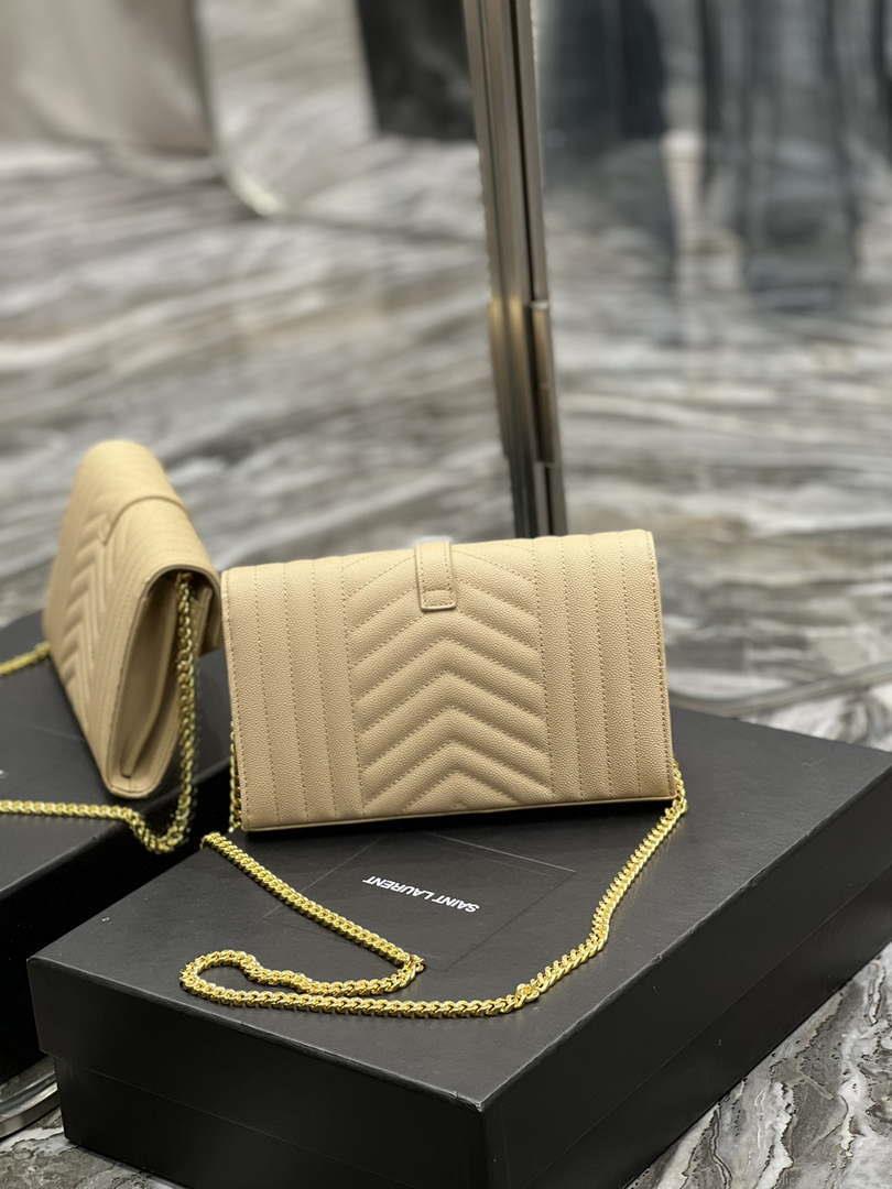 YSL 620280 Envelope Chain Wallet In Mix Matelassé Grain De Poudre Embossed Leather Apricot