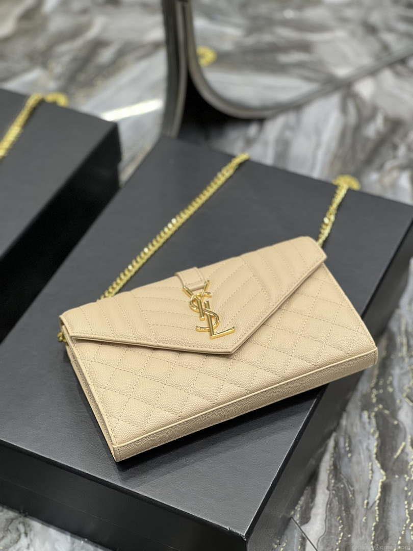 YSL 620280 Envelope Chain Wallet In Mix Matelassé Grain De Poudre Embossed Leather Apricot