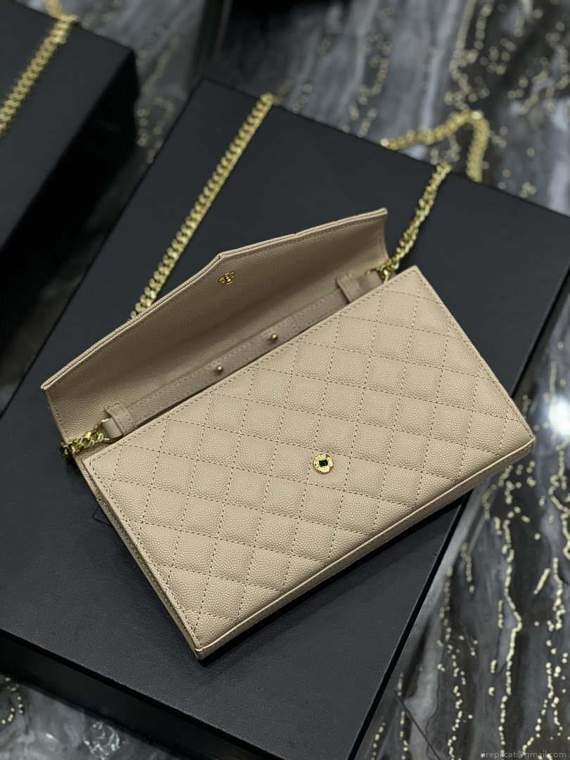 YSL 620280 Envelope Chain Wallet In Mix Matelassé Grain De Poudre Embossed Leather Apricot