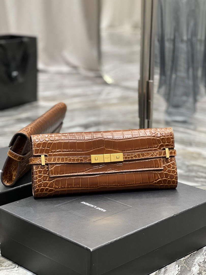 YSL 695949 Manhattan Clutch In Crocodile-Embossed Leather Caramel