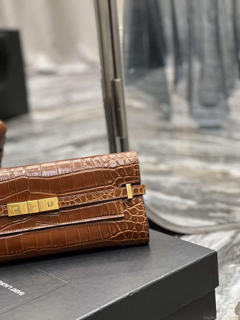 YSL 695949 Manhattan Clutch In Crocodile-Embossed Leather Caramel
