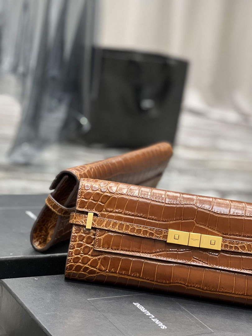 YSL 695949 Manhattan Clutch In Crocodile-Embossed Leather Caramel