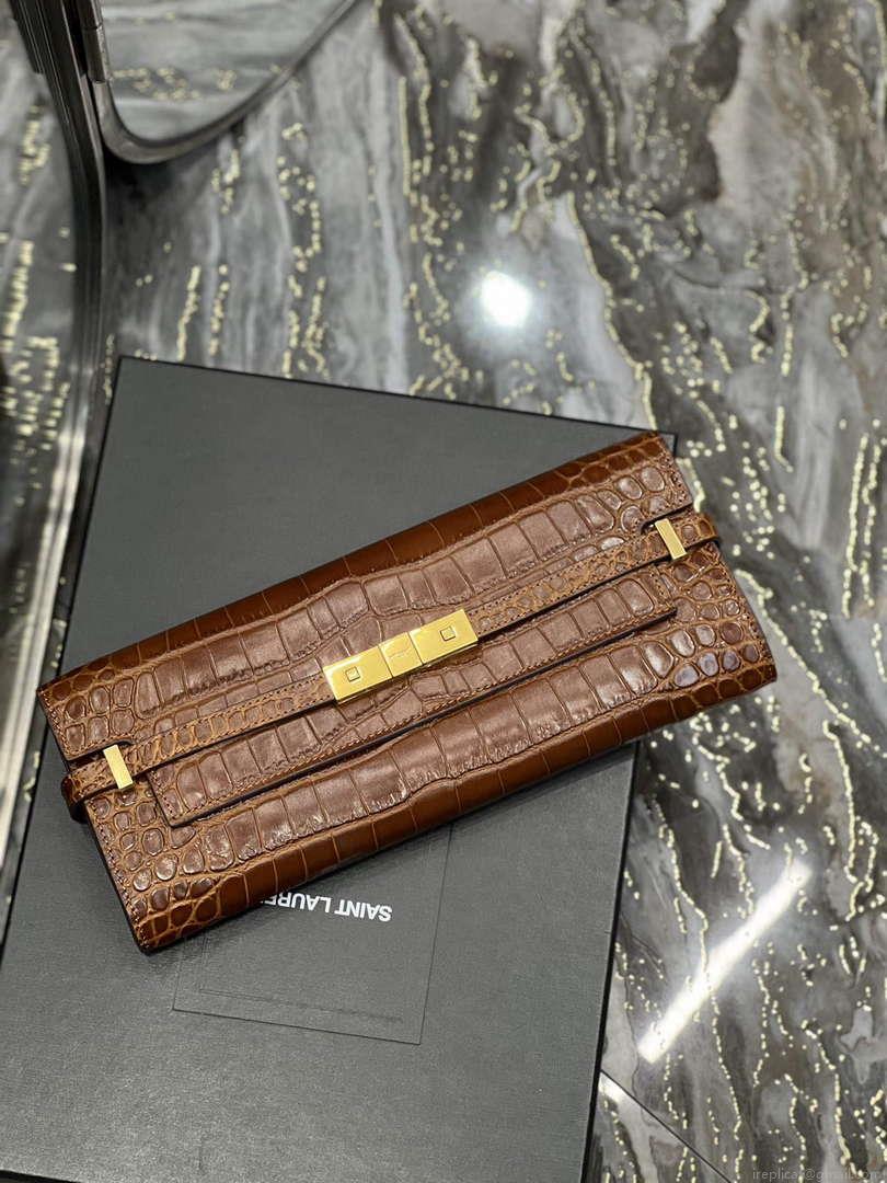 YSL 695949 Manhattan Clutch In Crocodile-Embossed Leather Caramel