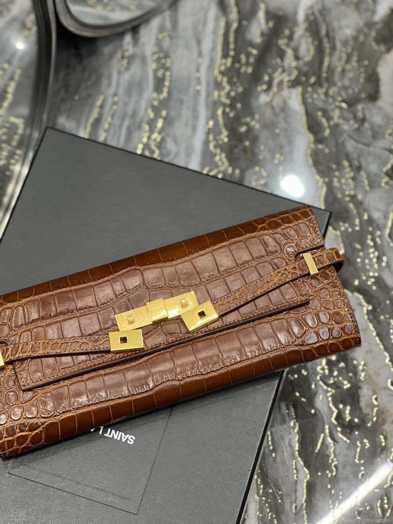 YSL 695949 Manhattan Clutch In Crocodile-Embossed Leather Caramel