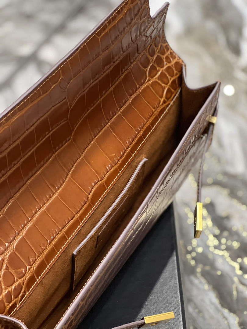 YSL 695949 Manhattan Clutch In Crocodile-Embossed Leather Caramel