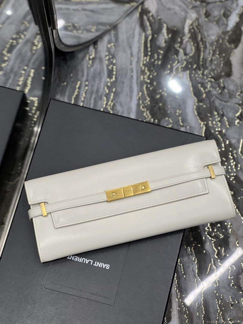 YSL 695949 Manhattan Clutch In Box Saint Laurent Leather White