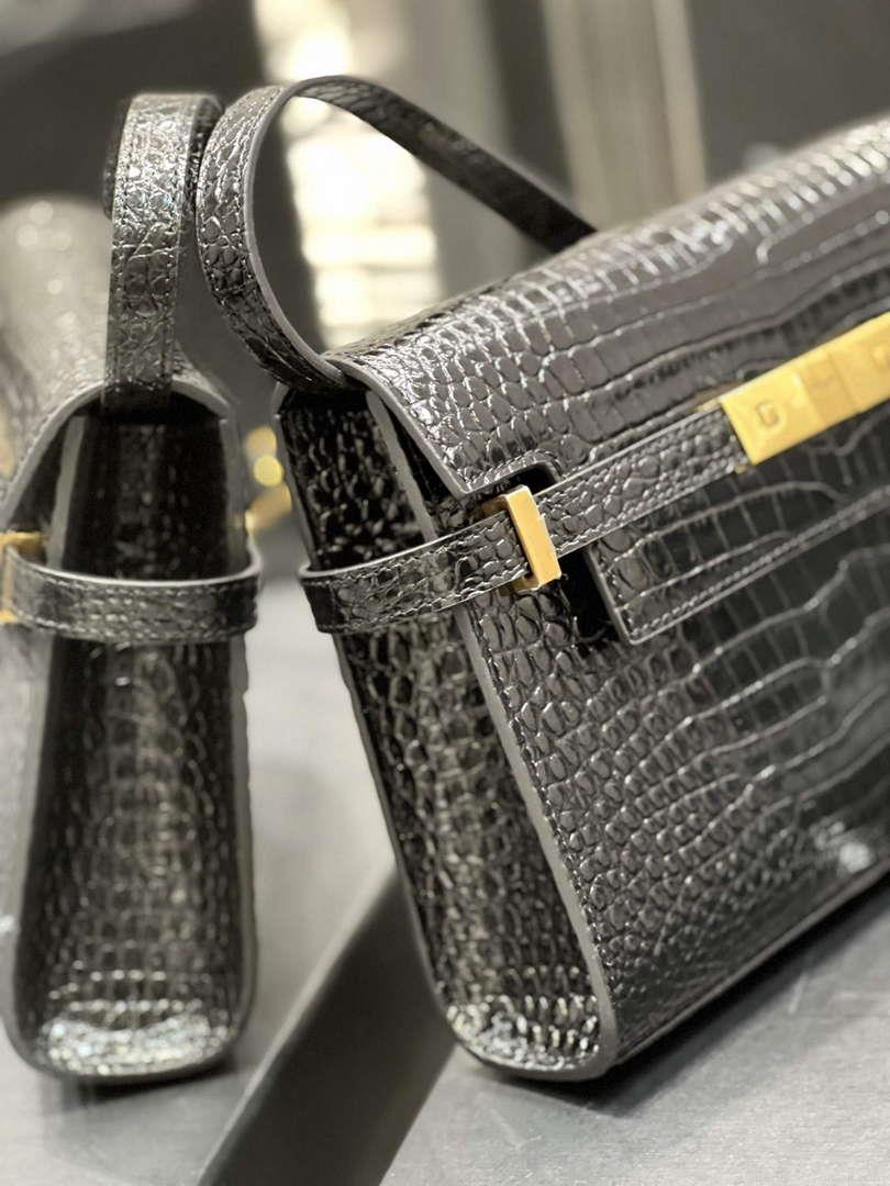 YSL 675626 Manhattan Small Shoulder Bag In Shiny Crocodile-Embossed Leather Black
