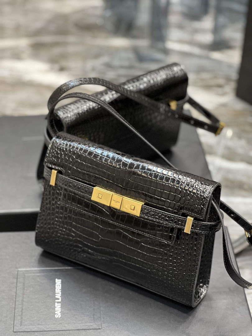 YSL 675626 Manhattan Small Shoulder Bag In Shiny Crocodile-Embossed Leather Black
