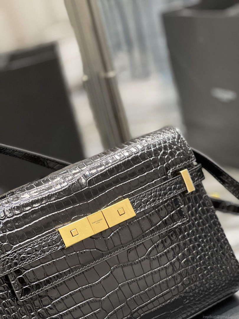 YSL 675626 Manhattan Small Shoulder Bag In Shiny Crocodile-Embossed Leather Black