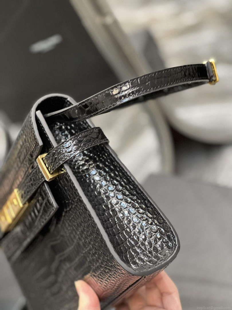 YSL 675626 Manhattan Small Shoulder Bag In Shiny Crocodile-Embossed Leather Black