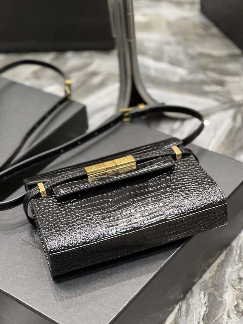 YSL 675626 Manhattan Small Shoulder Bag In Shiny Crocodile-Embossed Leather Black