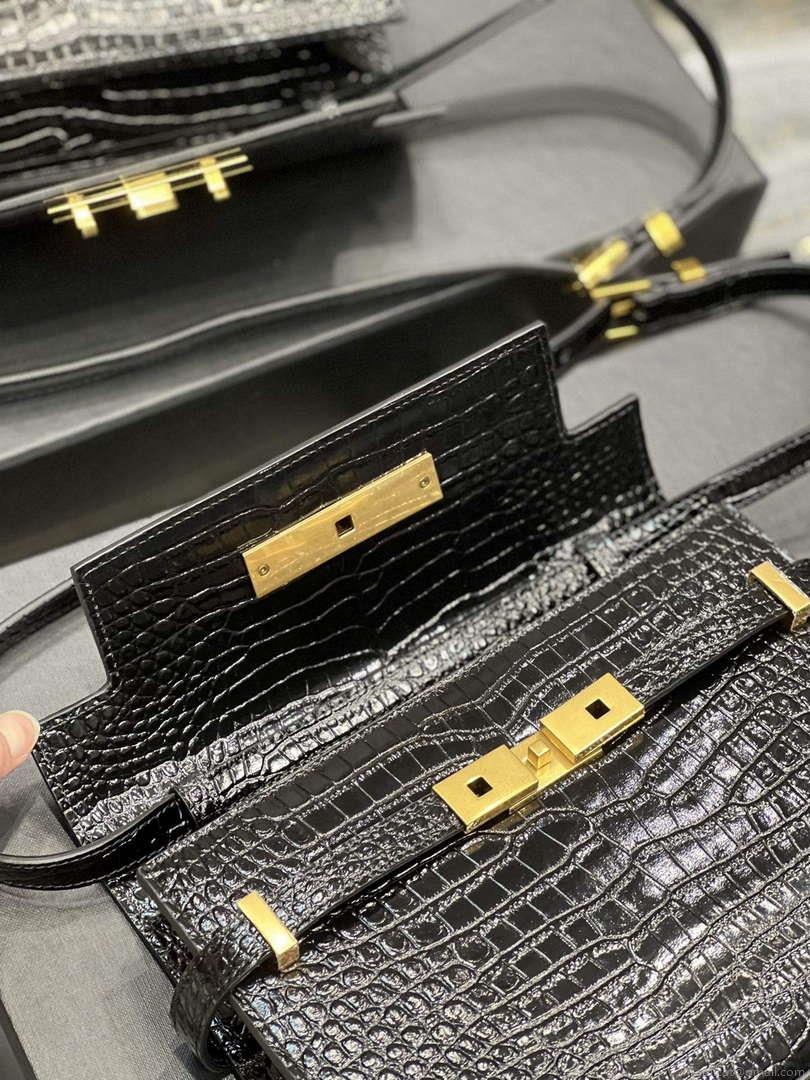 YSL 675626 Manhattan Small Shoulder Bag In Shiny Crocodile-Embossed Leather Black