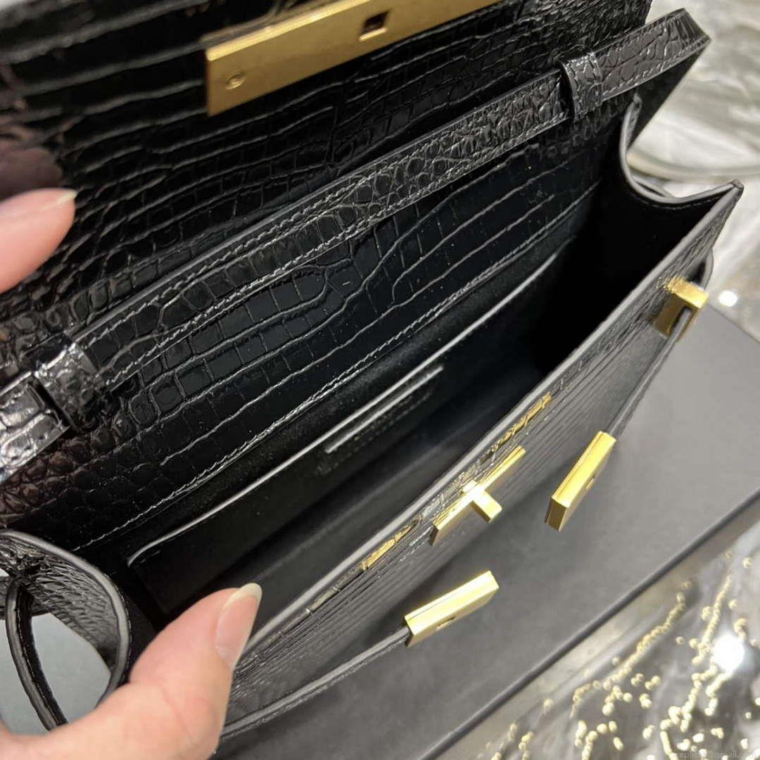 YSL 675626 Manhattan Small Shoulder Bag In Shiny Crocodile-Embossed Leather Black