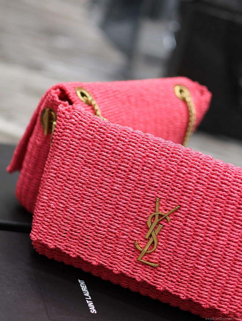 YSL 580065 Kate Medium Supple Chain Bag In Raffia Neon Pink