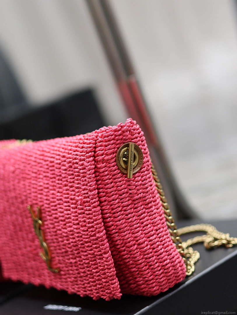 YSL 580065 Kate Medium Supple Chain Bag In Raffia Neon Pink