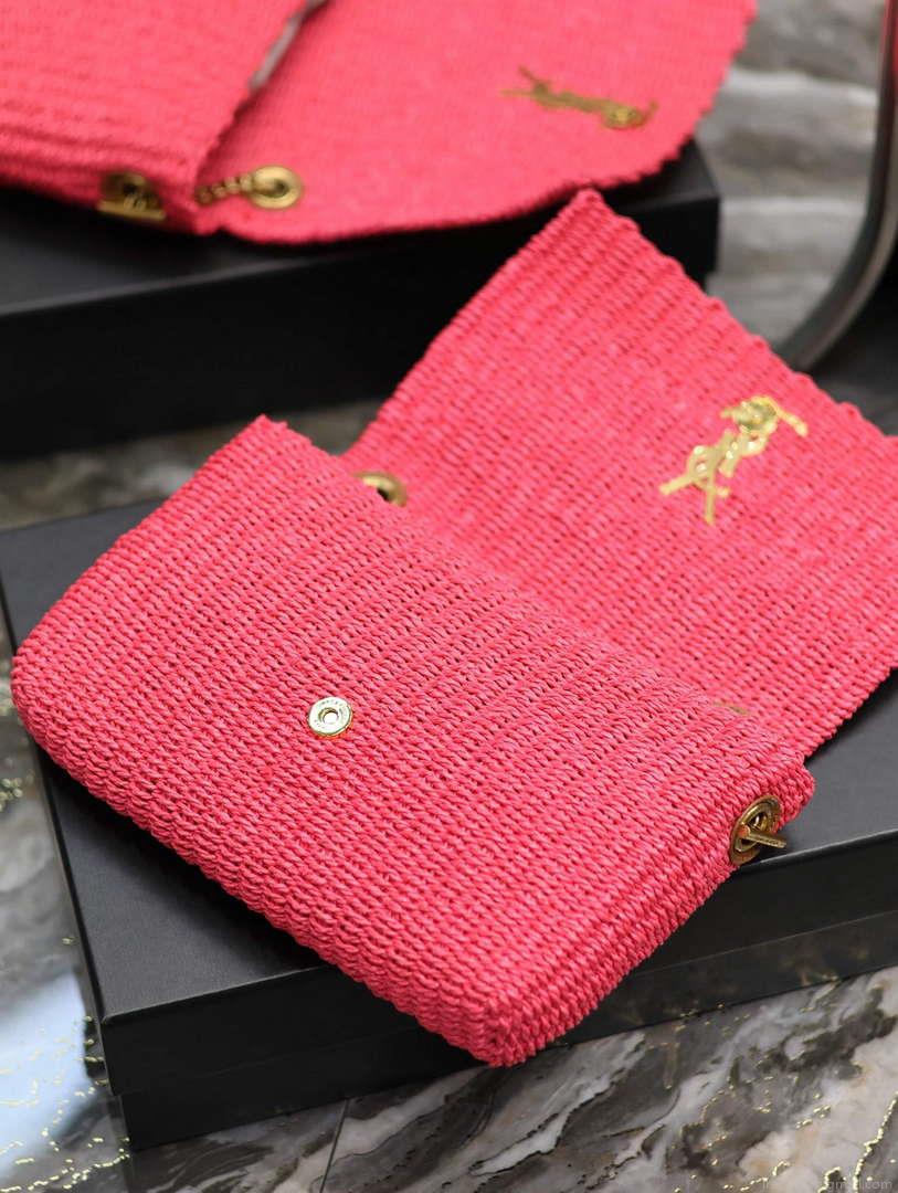 YSL 580065 Kate Medium Supple Chain Bag In Raffia Neon Pink