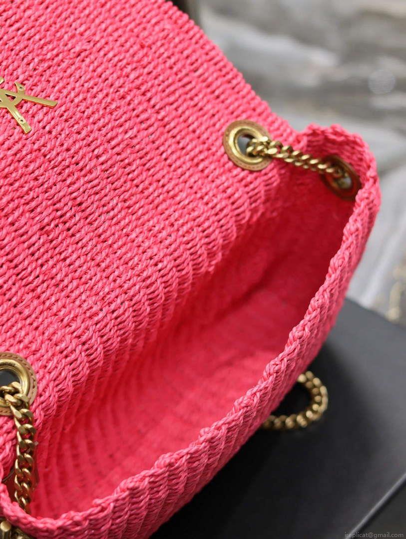 YSL 580065 Kate Medium Supple Chain Bag In Raffia Neon Pink
