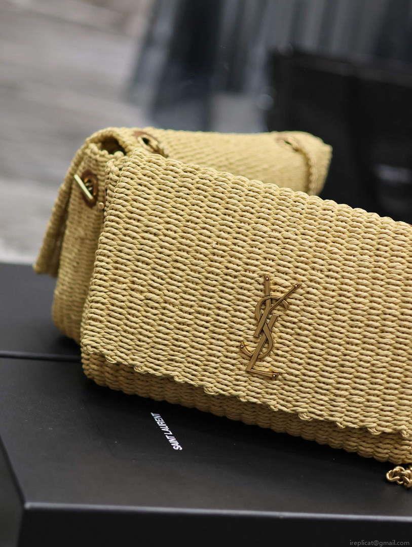 YSL 580065 Kate Medium Supple Chain Bag In Raffia Apricot