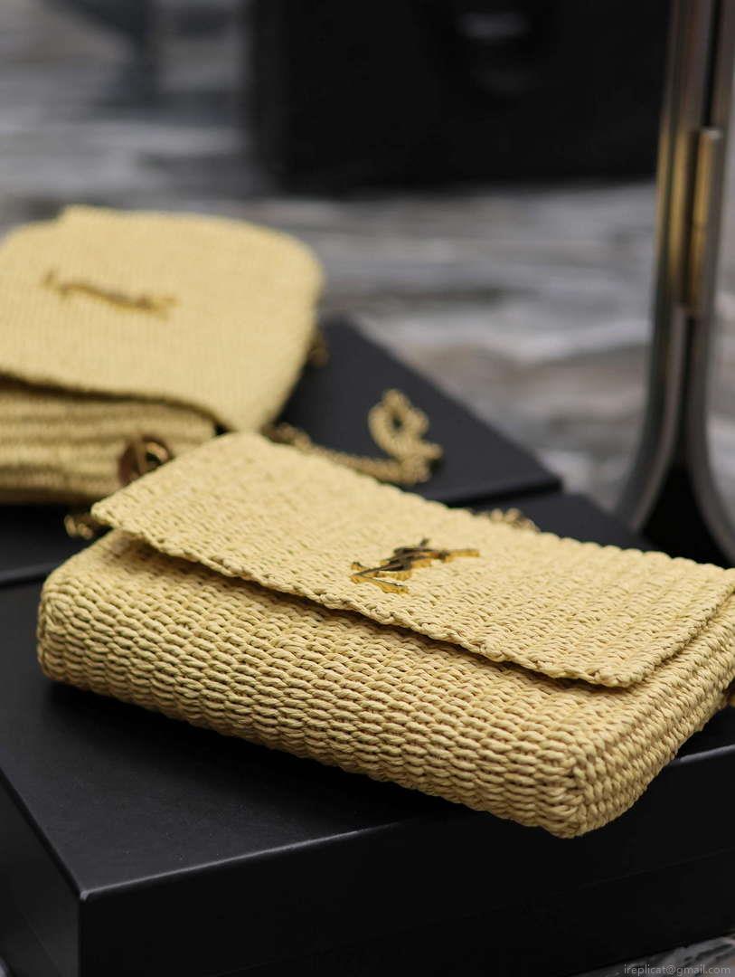 YSL 580065 Kate Medium Supple Chain Bag In Raffia Apricot