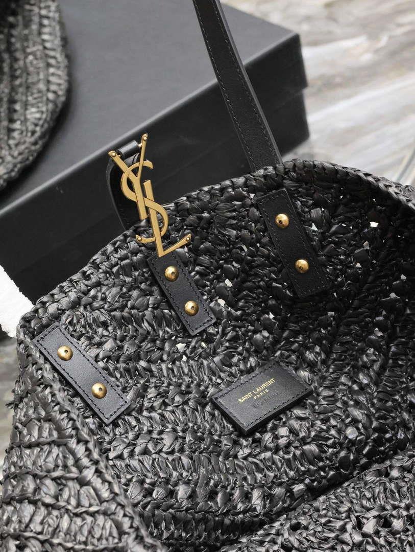 YSL 740375 Panier Medium In Raffia And Vegetable-Tanned Leather Black