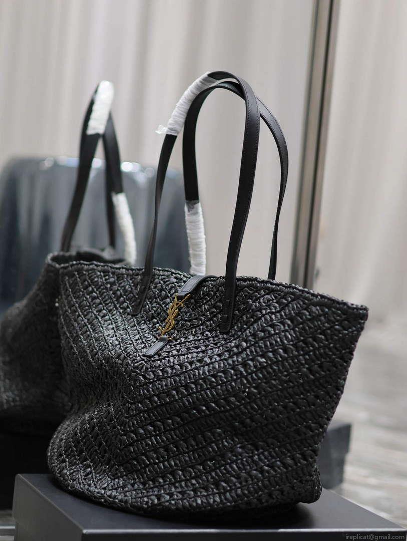 YSL 740375 Panier Medium In Raffia And Vegetable-Tanned Leather Black