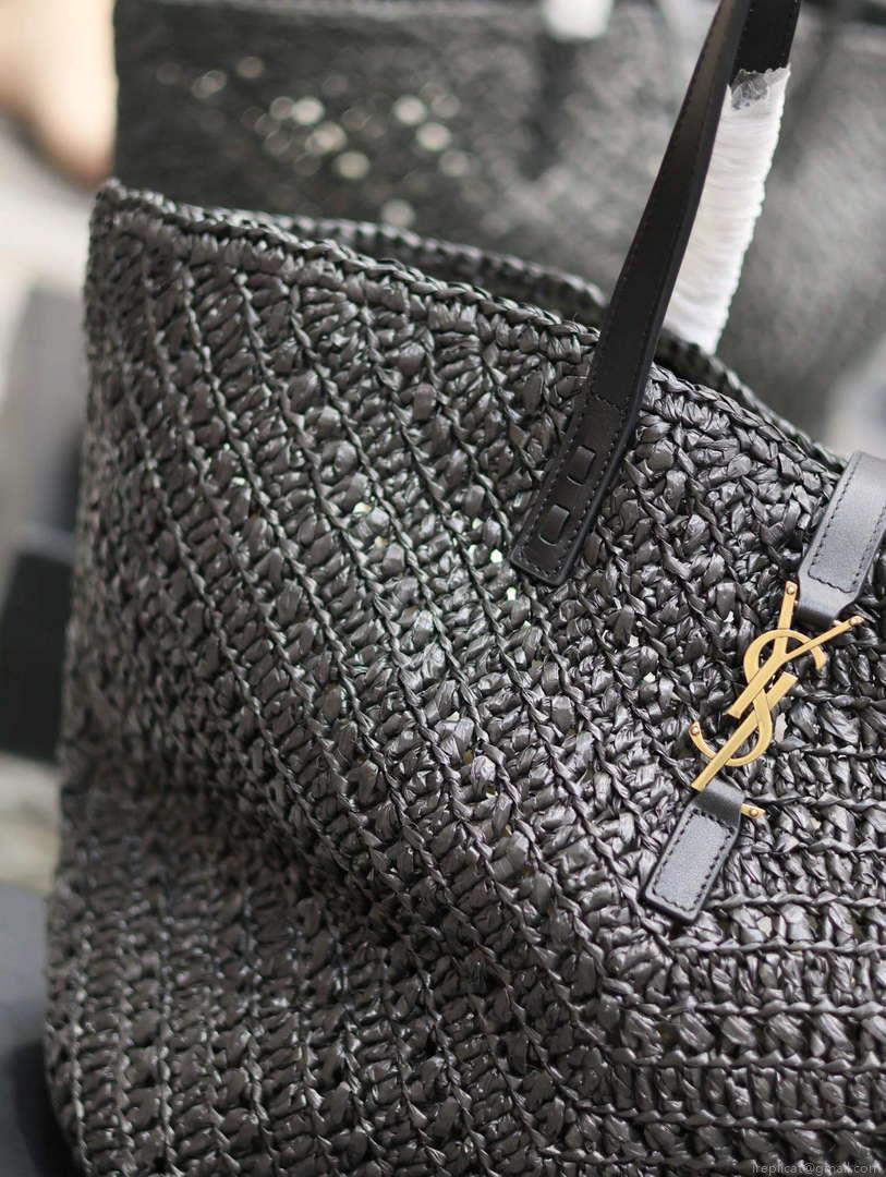 YSL 740375 Panier Medium In Raffia And Vegetable-Tanned Leather Black