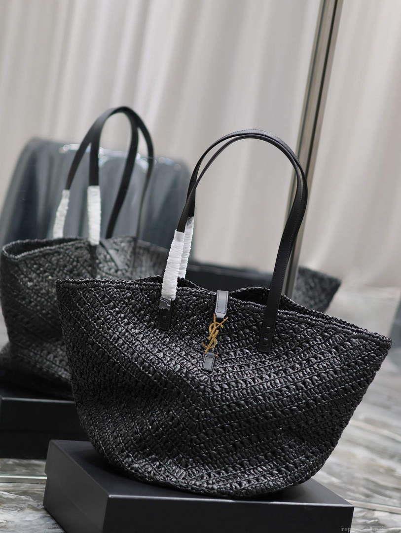 YSL 740375 Panier Medium In Raffia And Vegetable-Tanned Leather Black