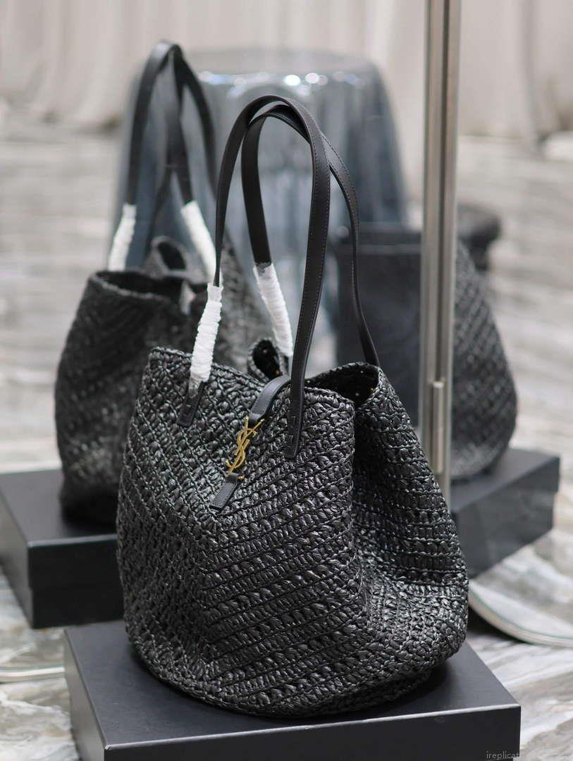 YSL 740375 Panier Medium In Raffia And Vegetable-Tanned Leather Black