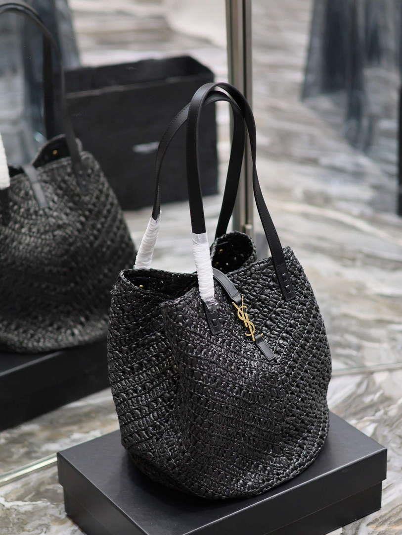 YSL 740375 Panier Medium In Raffia And Vegetable-Tanned Leather Black
