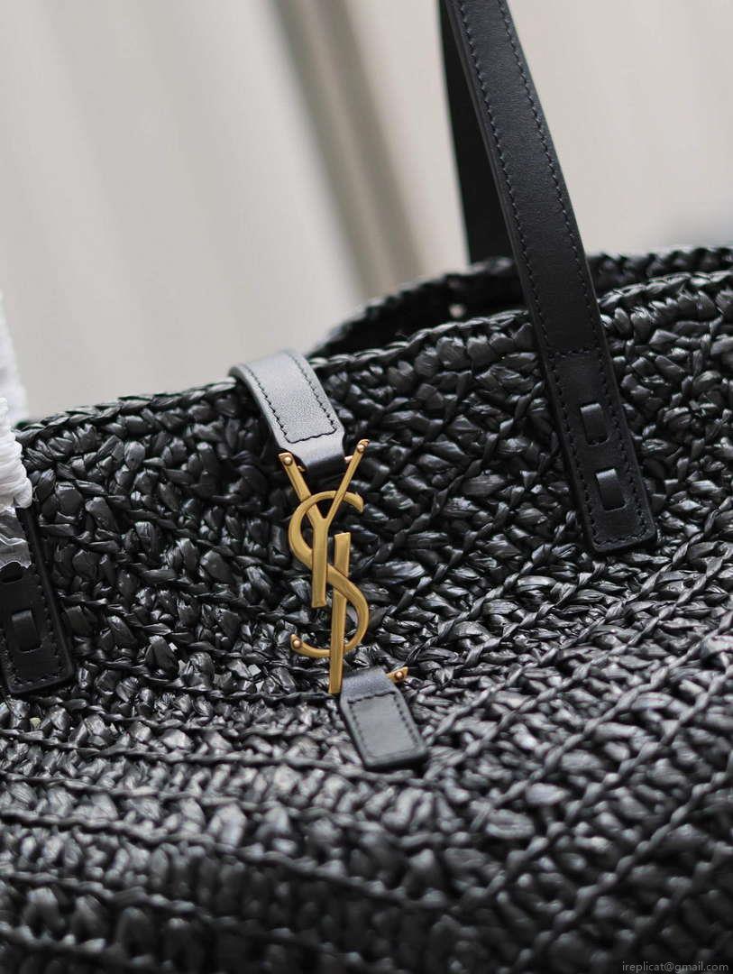 YSL 740375 Panier Medium In Raffia And Vegetable-Tanned Leather Black
