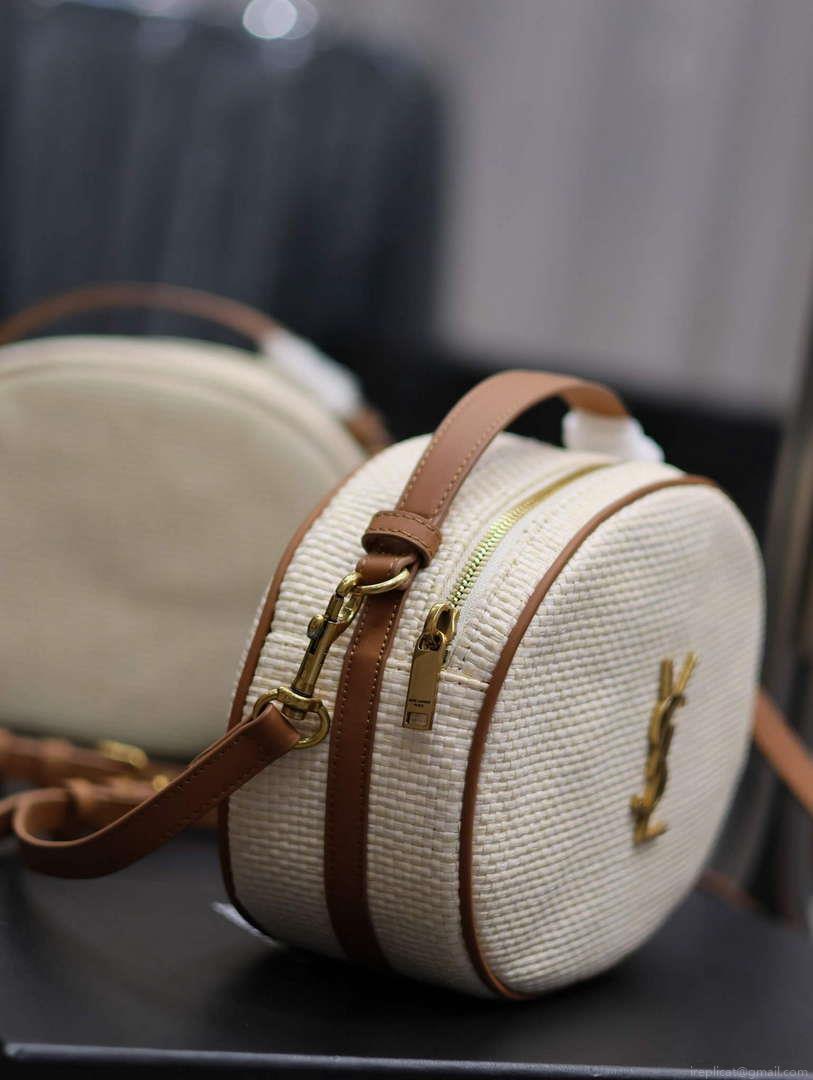 YSL 744579 Camera Bag In Raffia And Vegetable-Tanned Leather